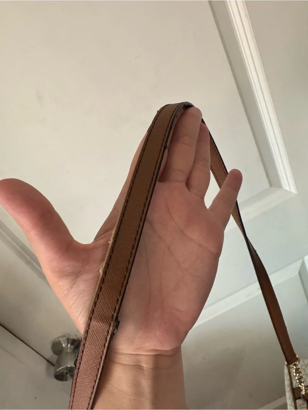 Michael Kors Beige Monogram Crossbody with Brown Trim and Gold Hardware